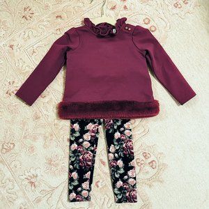 JANIE and JACK FAUX FUR TRIM TOP & FLORAL PONTE PANT